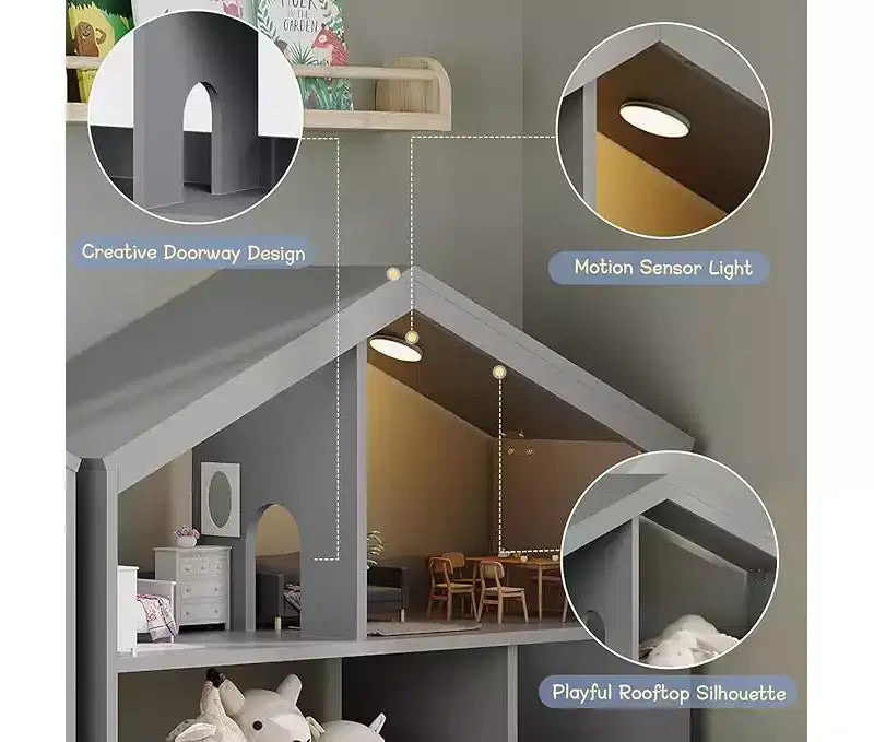 3-Tier Children's Bookshelf and Toy Storage Organizer with Motion Sensor Light C Wooden Book Rack for Playrooms, Classrooms, and Bedrooms