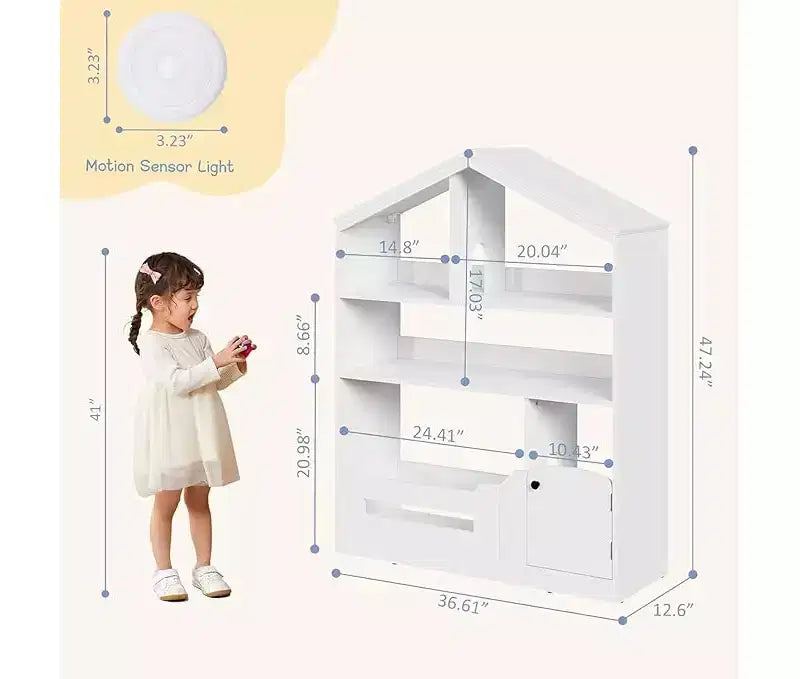 3-Tier Children's Bookshelf and Toy Storage Organizer with Motion Sensor Light C Wooden Book Rack for Playrooms, Classrooms, and Bedrooms