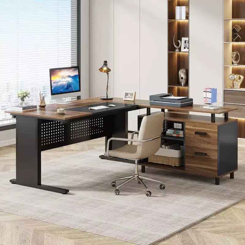 Lantine 63 Inch Executive Desk with File Cabinet, Large Office Desk L Shaped Computer Desk with Drawers for Home Office, Brown and Black