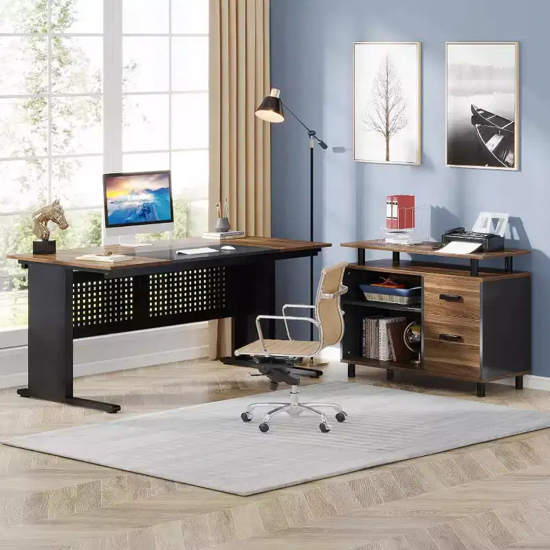 Lantine 63 Inch Executive Desk with File Cabinet, Large Office Desk L Shaped Computer Desk with Drawers for Home Office, Brown and Black