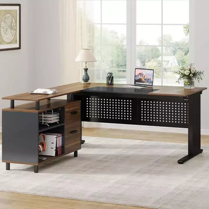 Lantine 63 Inch Executive Desk with File Cabinet, Large Office Desk L Shaped Computer Desk with Drawers for Home Office, Brown and Black