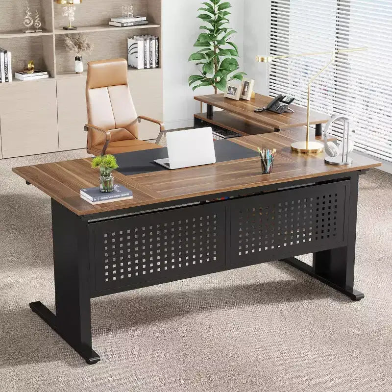 Lantine 63 Inch Executive Desk with File Cabinet, Large Office Desk L Shaped Computer Desk with Drawers for Home Office, Brown and Black