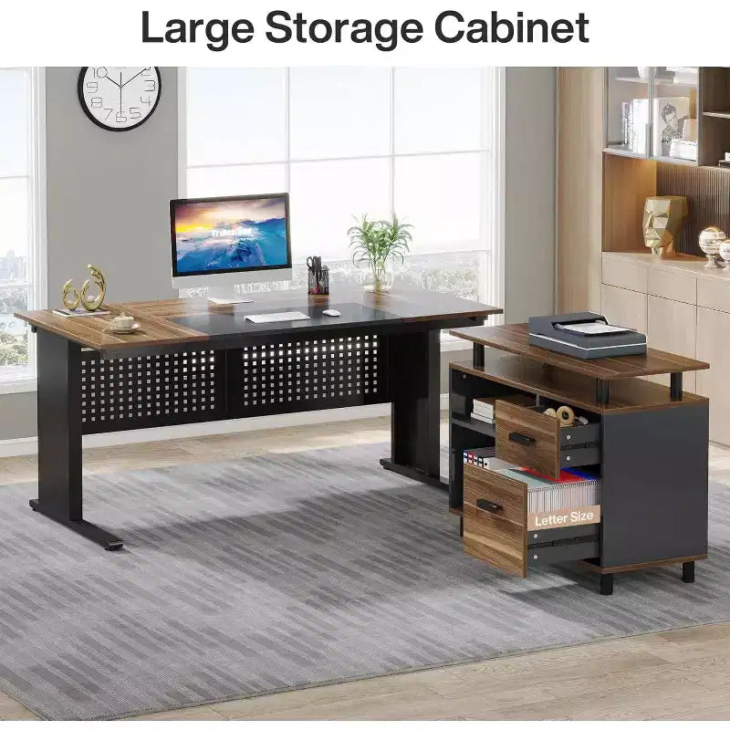 Lantine 63 Inch Executive Desk with File Cabinet, Large Office Desk L Shaped Computer Desk with Drawers for Home Office, Brown and Black