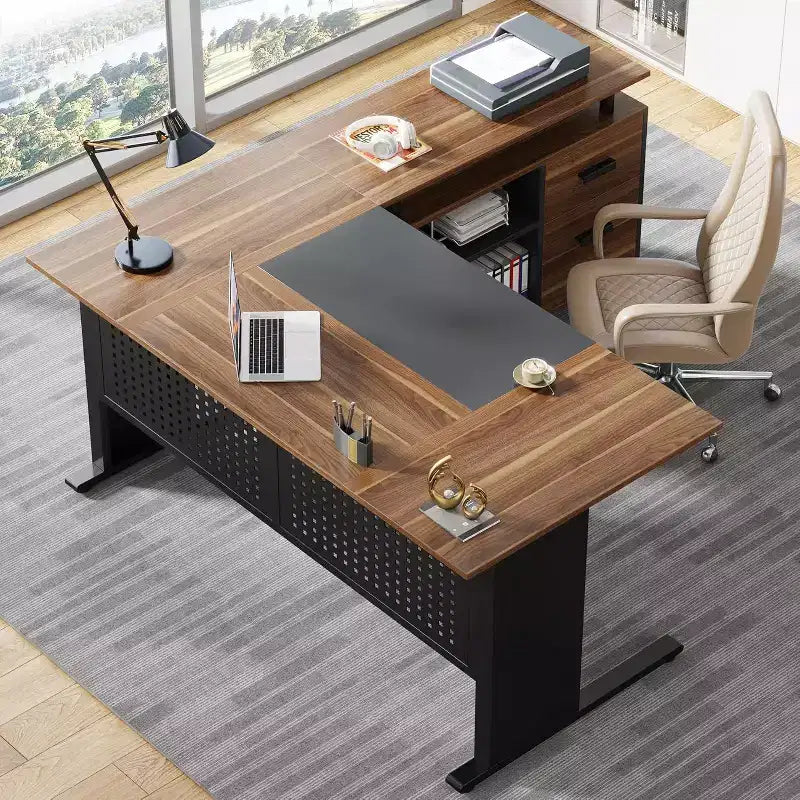 Lantine 63 Inch Executive Desk with File Cabinet, Large Office Desk L Shaped Computer Desk with Drawers for Home Office, Brown and Black