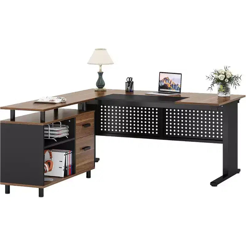 Lantine 63 Inch Executive Desk with File Cabinet, Large Office Desk L Shaped Computer Desk with Drawers for Home Office, Brown and Black