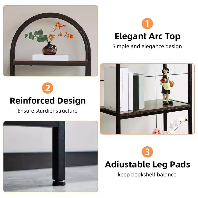 Bookshelf, Arched Bookshelf 5 Tier Bookcase, Industrial Open Book Shelves for Living Room, Modern Freestanding Display Shelving Unit Storage Rack
