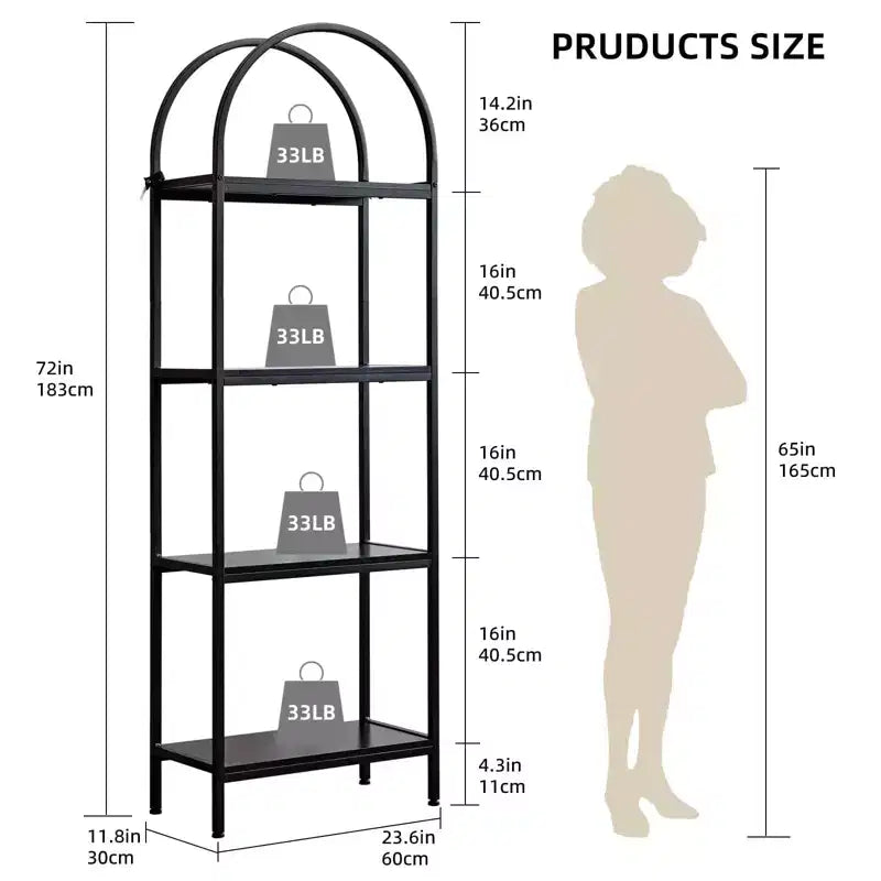 Bookshelf, Arched Bookshelf 5 Tier Bookcase, Industrial Open Book Shelves for Living Room, Modern Freestanding Display Shelving Unit Storage Rack