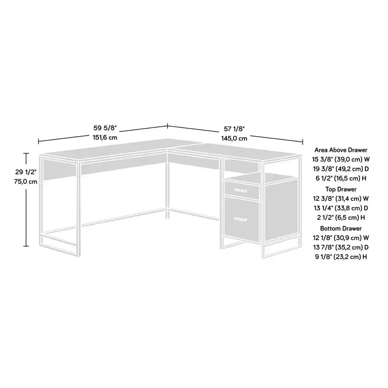 GDFStudio Rowan 59 Wood and Metal L-Shaped Office Desk with File Storage Drawer