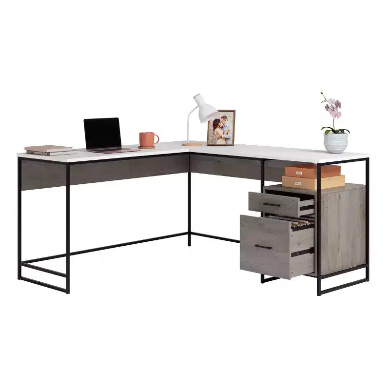 GDFStudio Rowan 59 Wood and Metal L-Shaped Office Desk with File Storage Drawer
