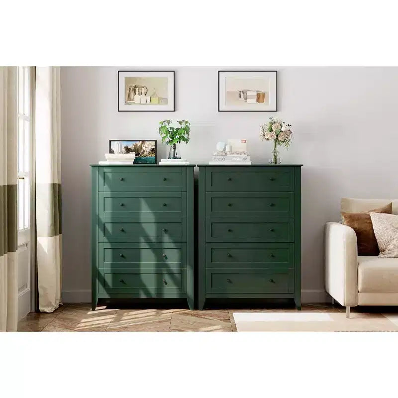 Acekool 5 Drawer Wood Dresser, Modern Minimalist Chest with Metal Handles for Bedroom Living Room Hallway