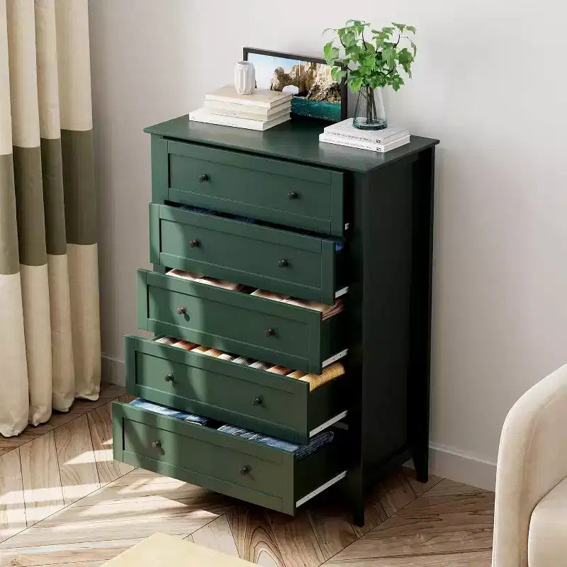 Acekool 5 Drawer Wood Dresser, Modern Minimalist Chest with Metal Handles for Bedroom Living Room Hallway