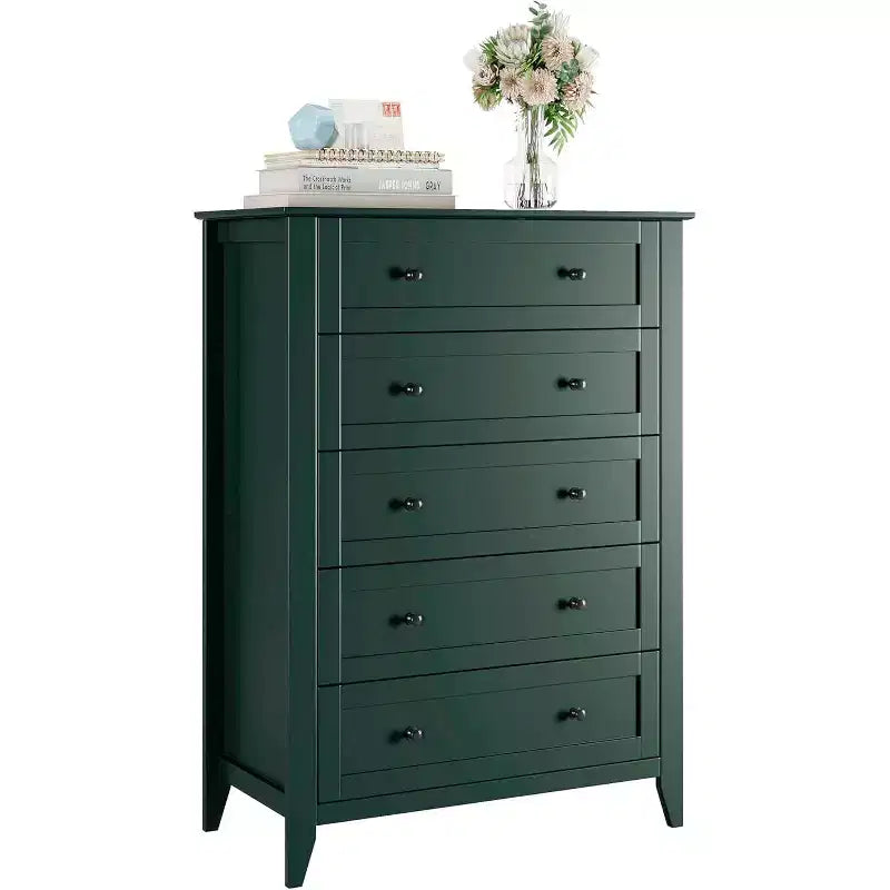 Acekool 5 Drawer Wood Dresser, Modern Minimalist Chest with Metal Handles for Bedroom Living Room Hallway