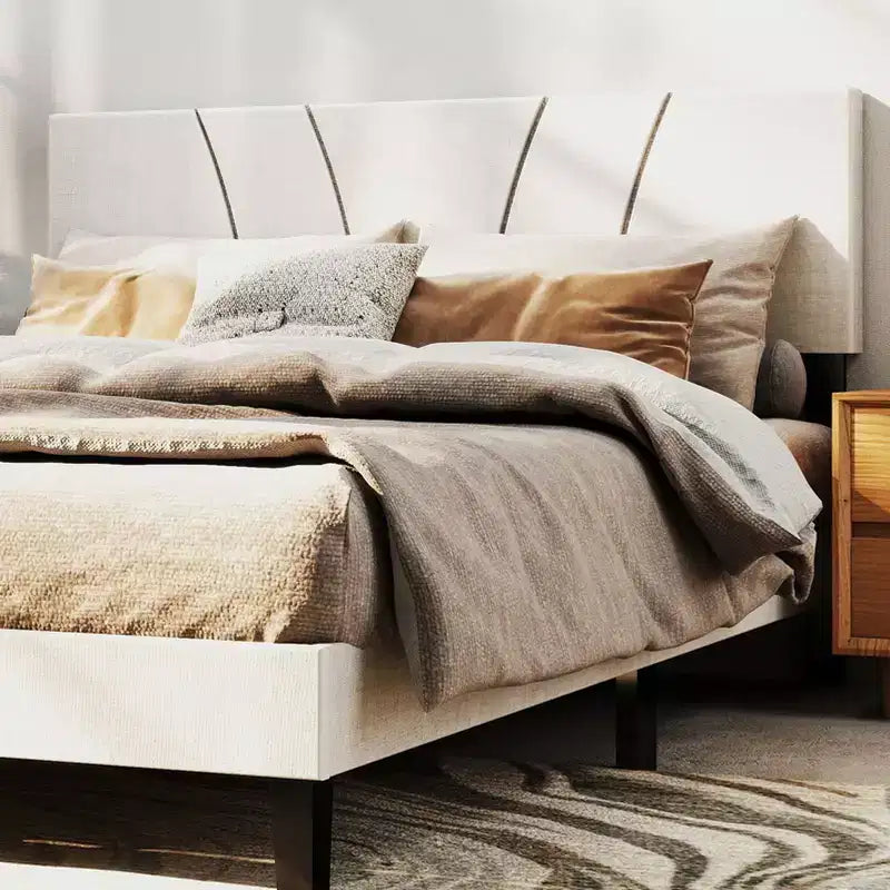 AEELLEEA Bed Frame with Linen Headboard and Metal Legs Solid Wood Slats Mattress Platform for Bedroom Beige
