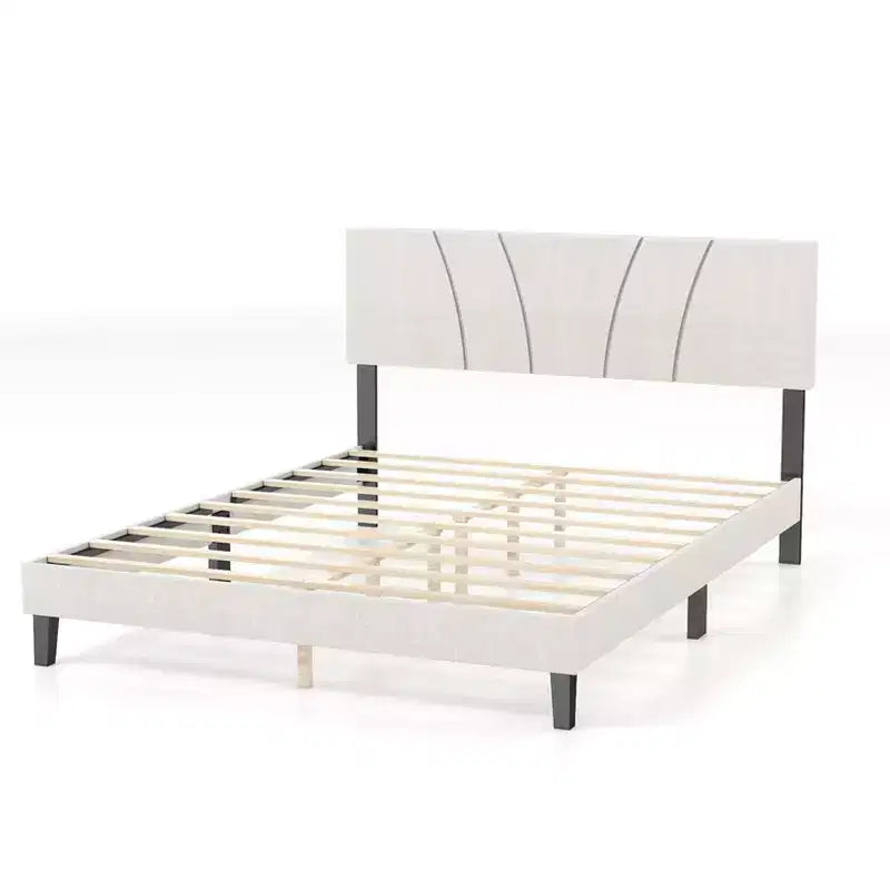 AEELLEEA Bed Frame with Linen Headboard and Metal Legs Solid Wood Slats Mattress Platform for Bedroom Beige
