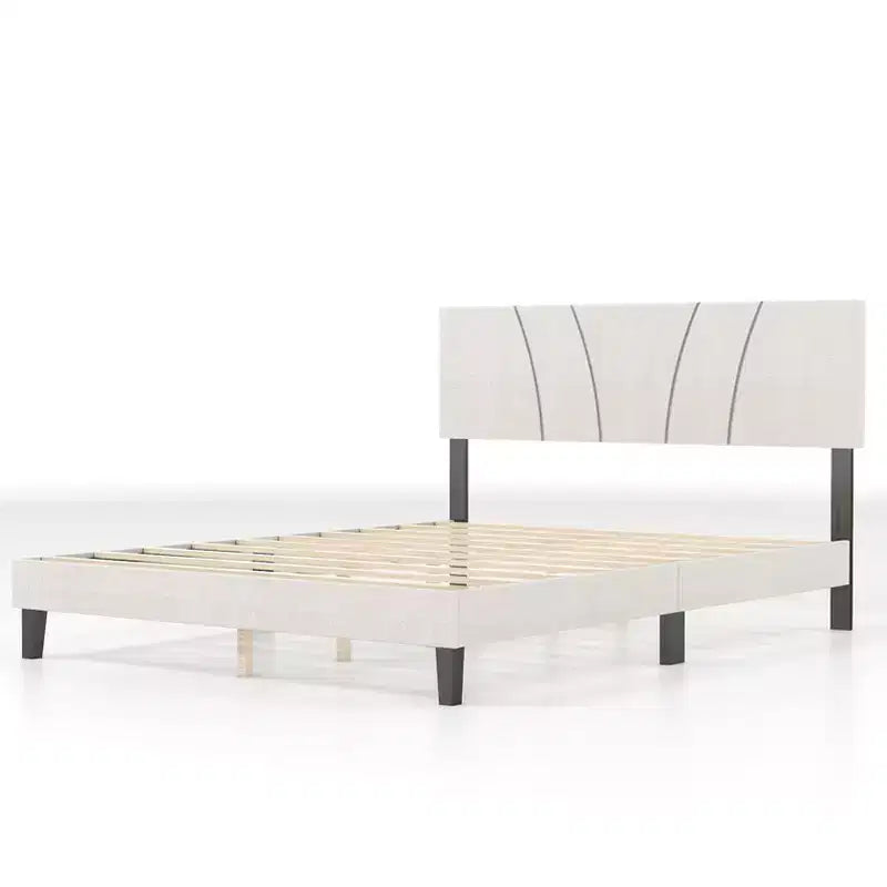 AEELLEEA Bed Frame with Linen Headboard and Metal Legs Solid Wood Slats Mattress Platform for Bedroom Beige