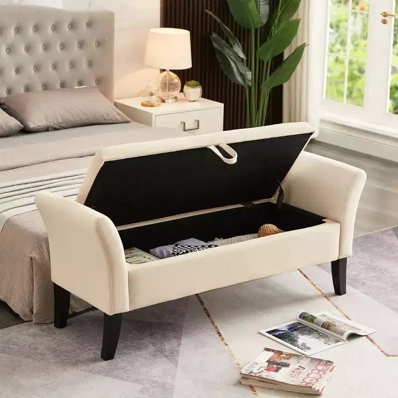 51.5'' Upholstered Storage Ottoman Bench With Arms Tufted Bed Bench Entryway Bench With Storage Velvet End Of Bed Bench, Beige