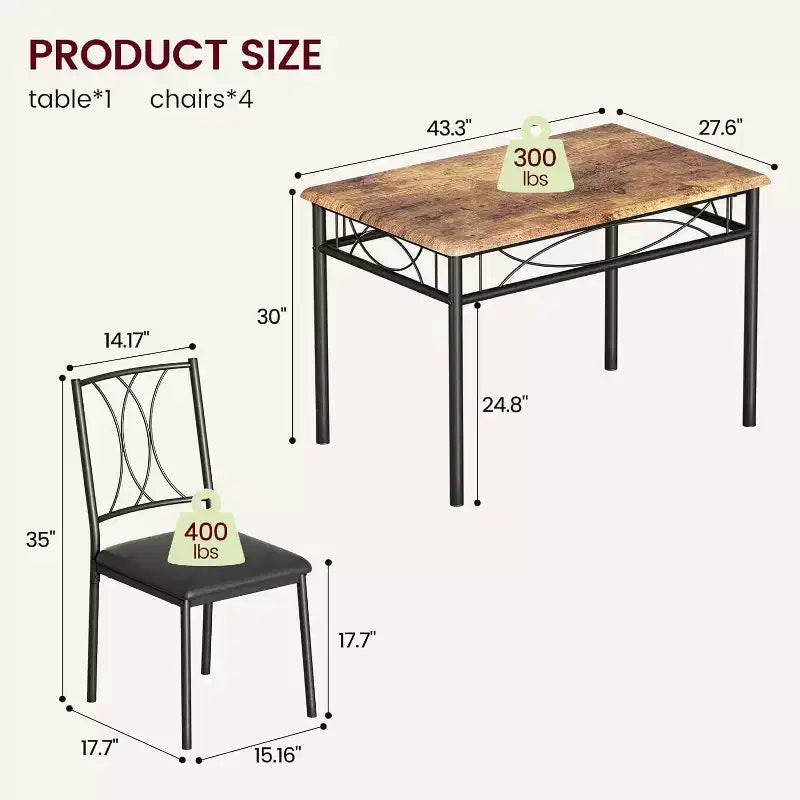 Farmhouse Wooden Dining Table Set for 4, Rectangular Kitchen Table with 4 Chairs, 5 Piece Small Table and Chairs Set