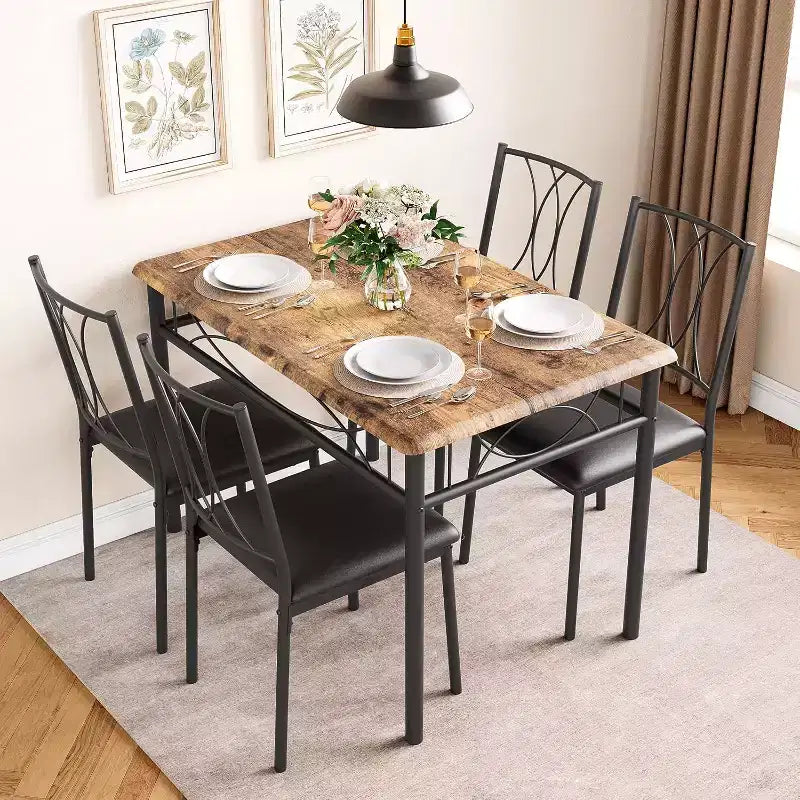 Farmhouse Wooden Dining Table Set for 4, Rectangular Kitchen Table with 4 Chairs, 5 Piece Small Table and Chairs Set