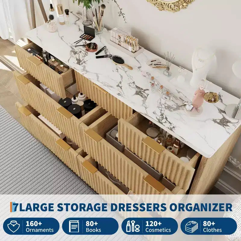 Fluted 7 Drawers Dresser, 54 Wide Modern Chest of Drawers, Curved Profile Design, Large Storage Cabinet Organizer for Bedroom, Living Room, Hallway