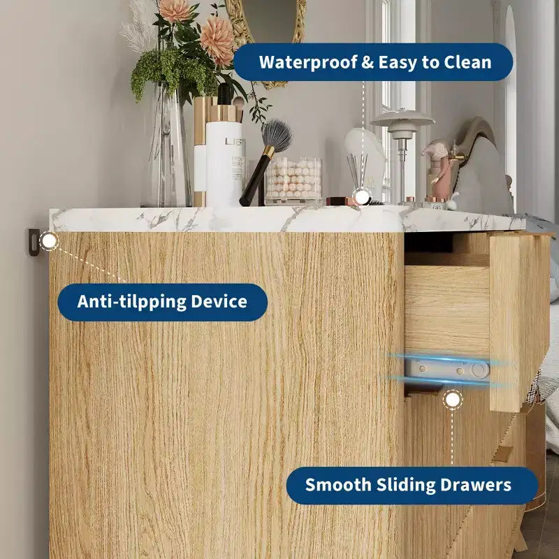 Fluted 7 Drawers Dresser, 54 Wide Modern Chest of Drawers, Curved Profile Design, Large Storage Cabinet Organizer for Bedroom, Living Room, Hallway
