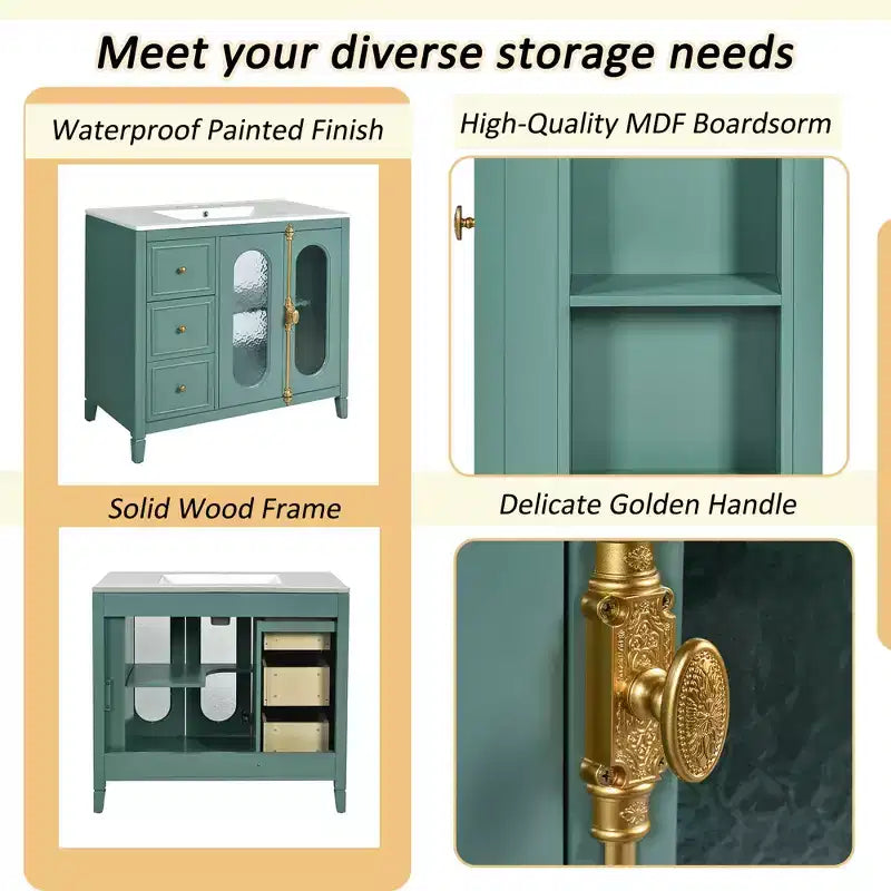 36 Bathroom Vanity Sink Combo with Storage , Wood Bathroom Floor Cabinet with Drawers and Soft Close Doors,