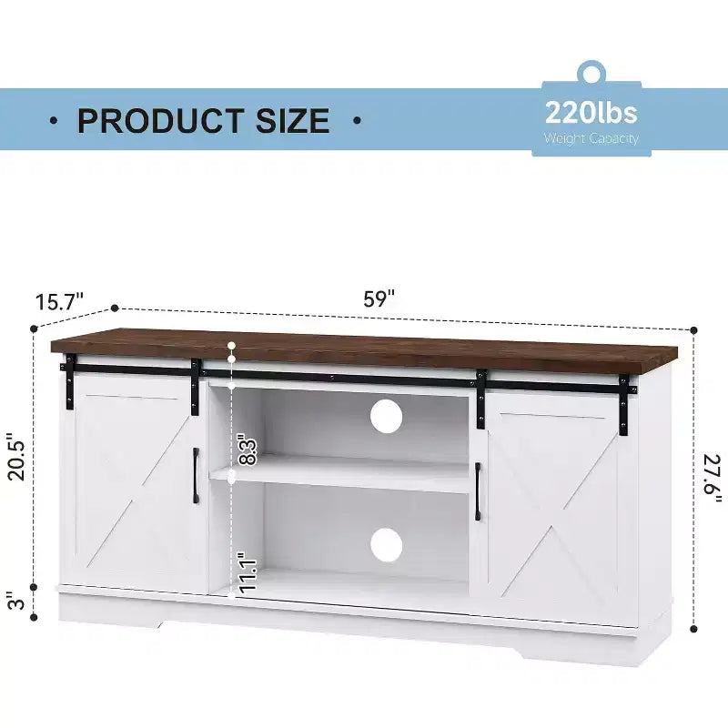Farmhouse TV Stand for Televisions up to 65 Inches, Entertainment Center with Sliding Barn Doors, Storage CabinetsAdjustable, White & Brown
