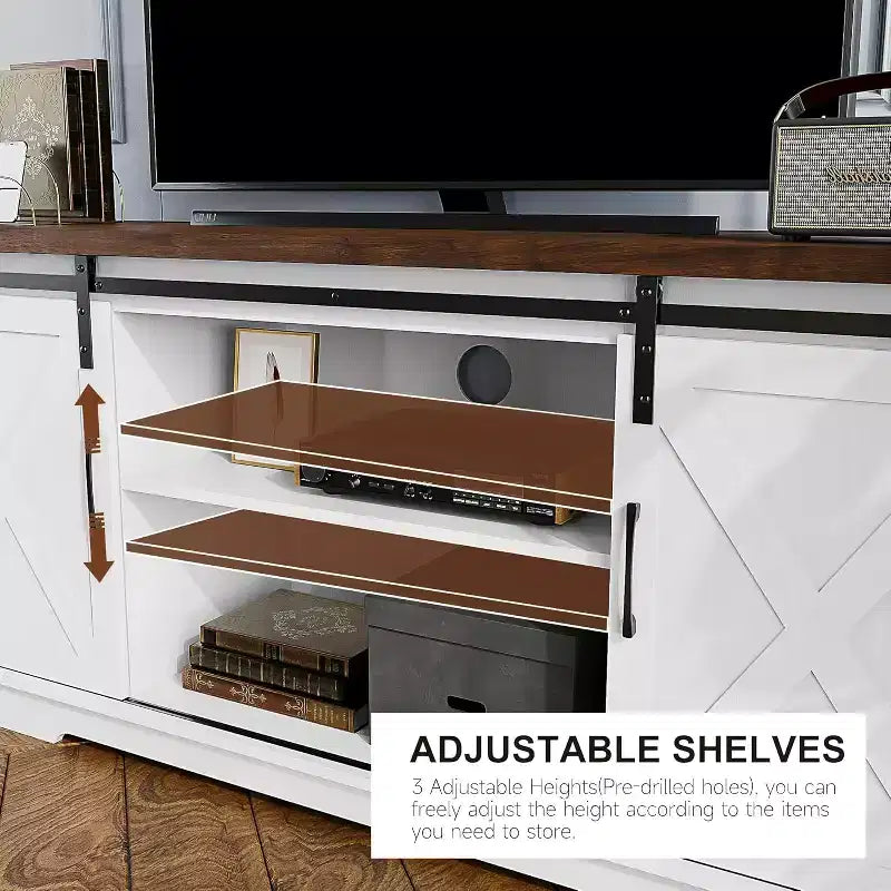 Farmhouse TV Stand for Televisions up to 65 Inches, Entertainment Center with Sliding Barn Doors, Storage CabinetsAdjustable, White & Brown