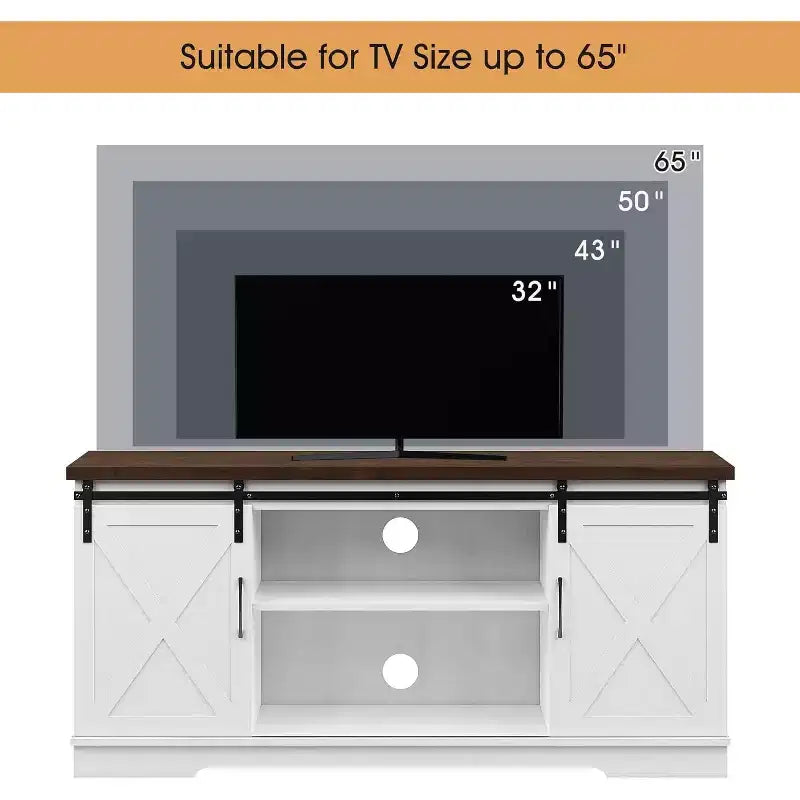 Farmhouse TV Stand for Televisions up to 65 Inches, Entertainment Center with Sliding Barn Doors, Storage CabinetsAdjustable, White & Brown