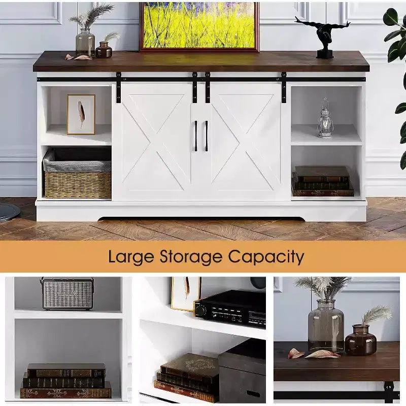 Farmhouse TV Stand for Televisions up to 65 Inches, Entertainment Center with Sliding Barn Doors, Storage CabinetsAdjustable, White & Brown