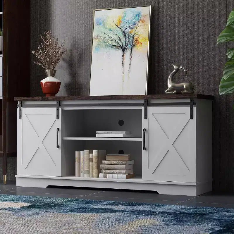 Farmhouse TV Stand for Televisions up to 65 Inches, Entertainment Center with Sliding Barn Doors, Storage CabinetsAdjustable, White & Brown