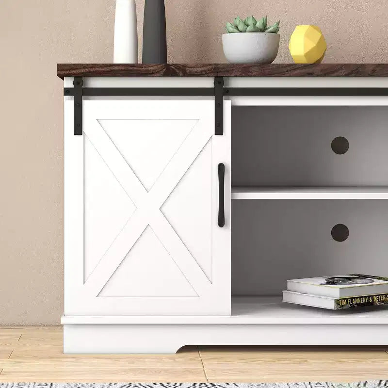 Farmhouse TV Stand for Televisions up to 65 Inches, Entertainment Center with Sliding Barn Doors, Storage CabinetsAdjustable, White & Brown