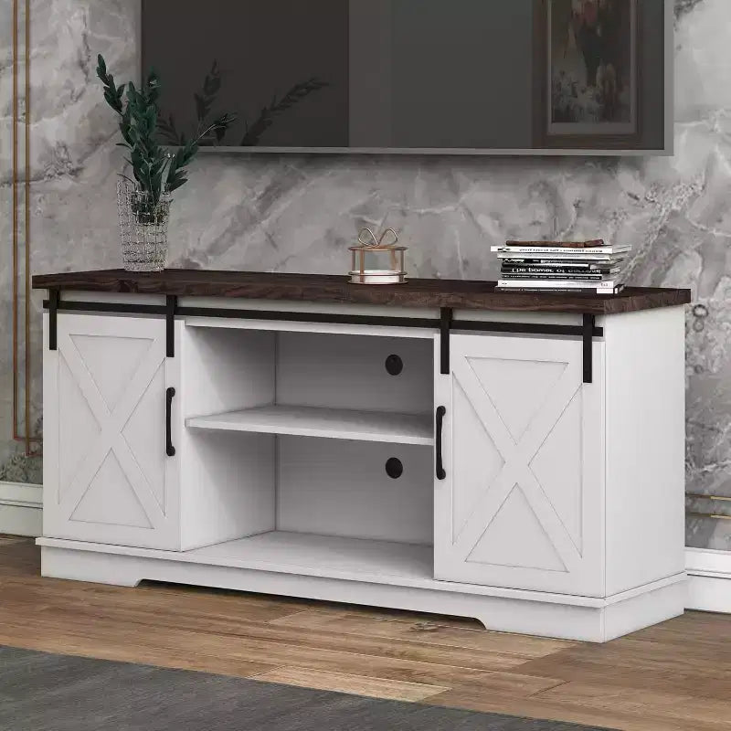 Farmhouse TV Stand for Televisions up to 65 Inches, Entertainment Center with Sliding Barn Doors, Storage CabinetsAdjustable, White & Brown