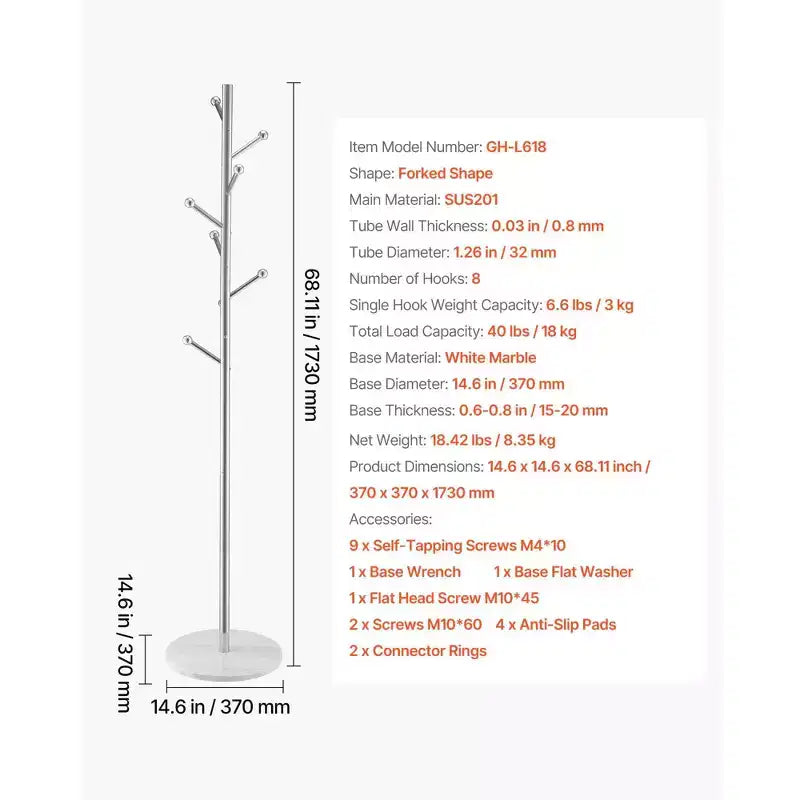 Freestanding Coat Rack with Marble Base and 8 Hooks, Modern Stainless Steel Hall Tree for Entryway