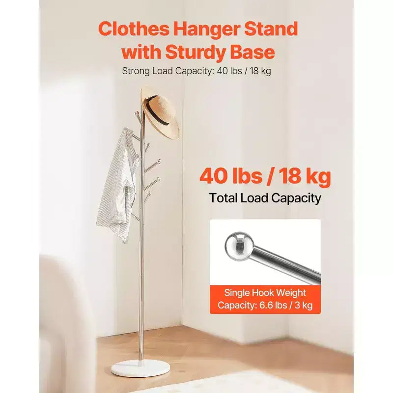 Freestanding Coat Rack with Marble Base and 8 Hooks, Modern Stainless Steel Hall Tree for Entryway