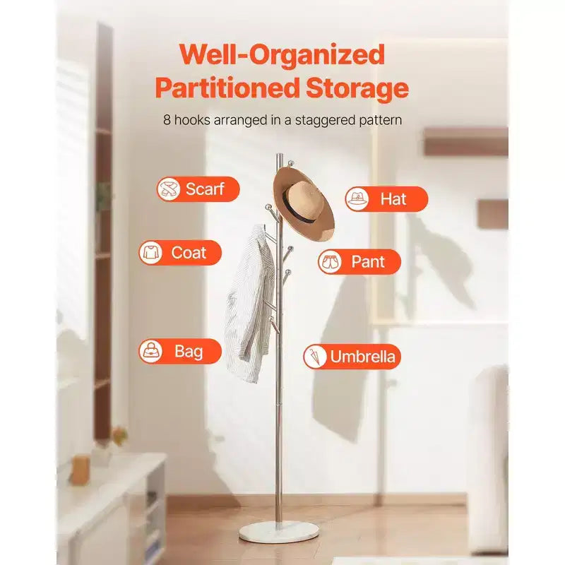 Freestanding Coat Rack with Marble Base and 8 Hooks, Modern Stainless Steel Hall Tree for Entryway