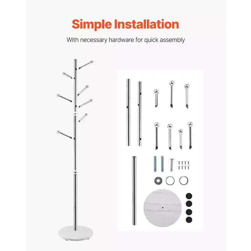 Freestanding Coat Rack with Marble Base and 8 Hooks, Modern Stainless Steel Hall Tree for Entryway