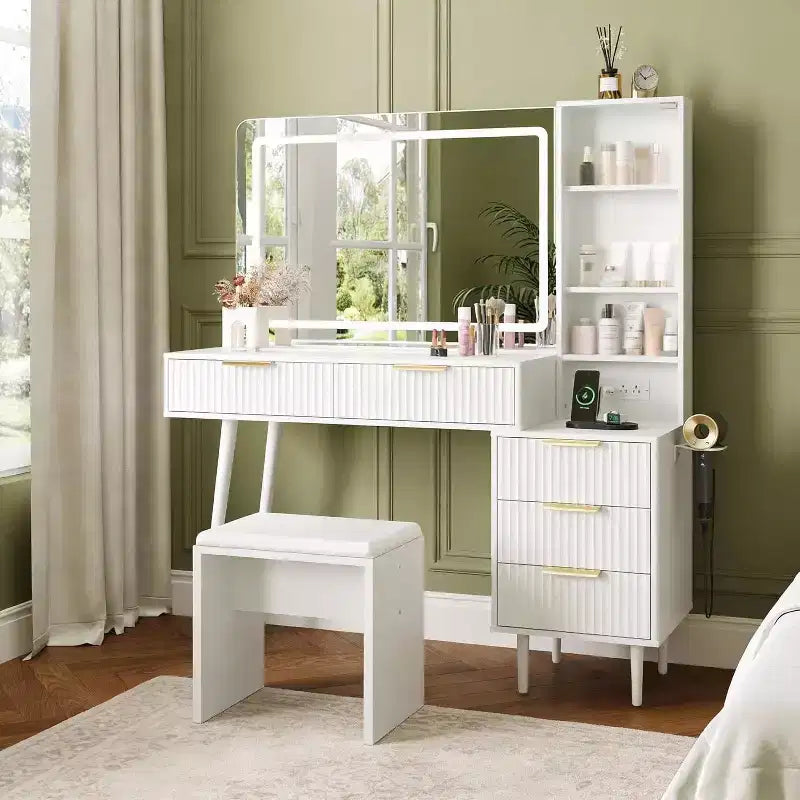 48 Makeup Vanity Desk Set with 36 LED Mirror, 5 Drawers & Shelves, Adjustable Lights with Charging Station for Bedroom