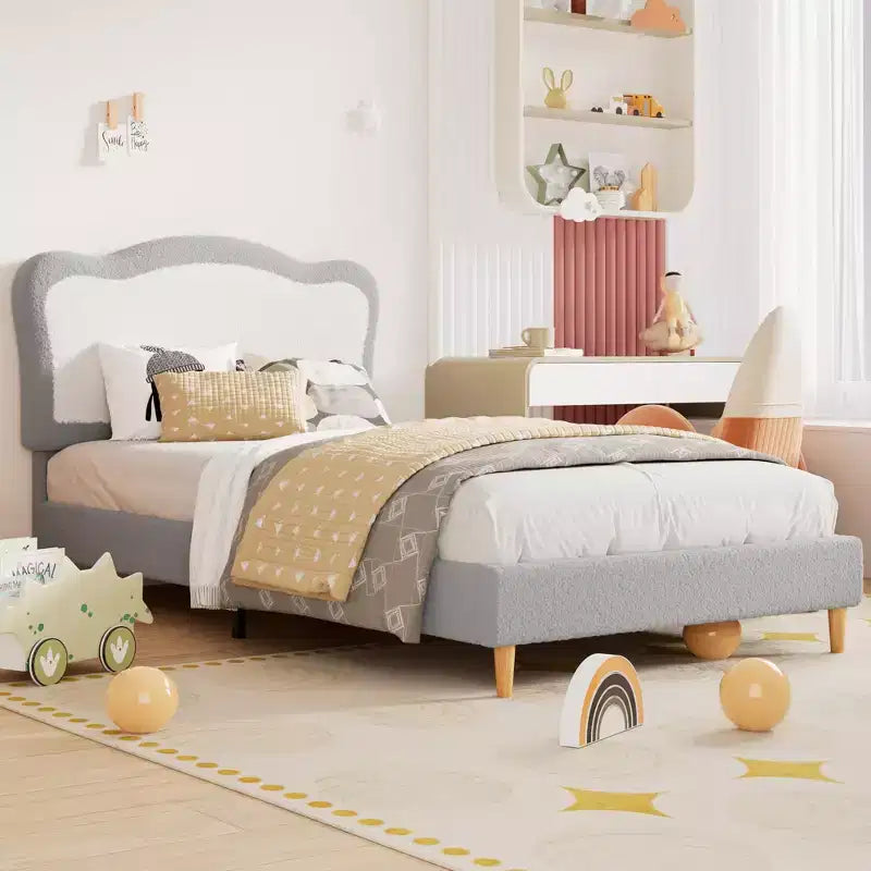 Upholstered Bed Frame for Kids with Scallop Headboard, Cute Velvet Twin Bed for Girls, Boys, Sturdy Platform Bed, No Box Spring Needed, Noise Free