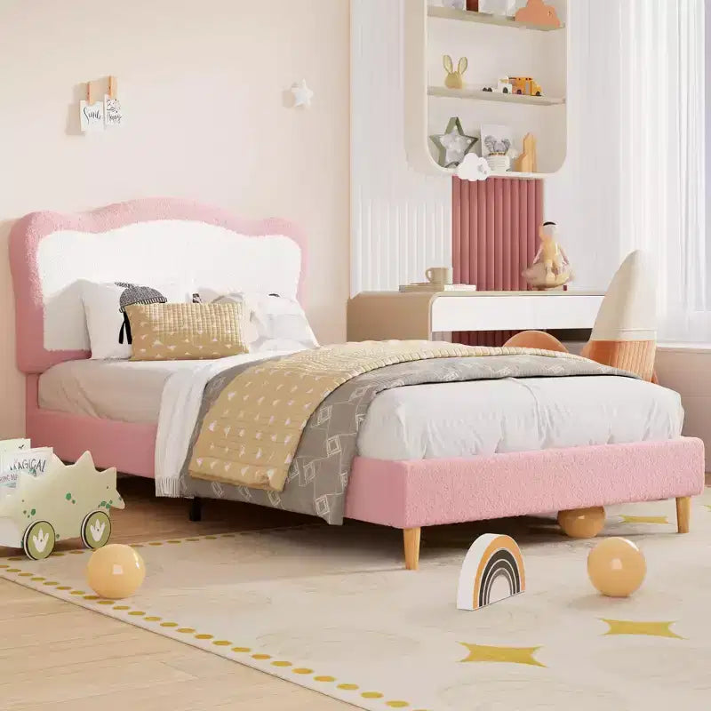 Upholstered Bed Frame for Kids with Scallop Headboard, Cute Velvet Twin Bed for Girls, Boys, Sturdy Platform Bed, No Box Spring Needed, Noise Free