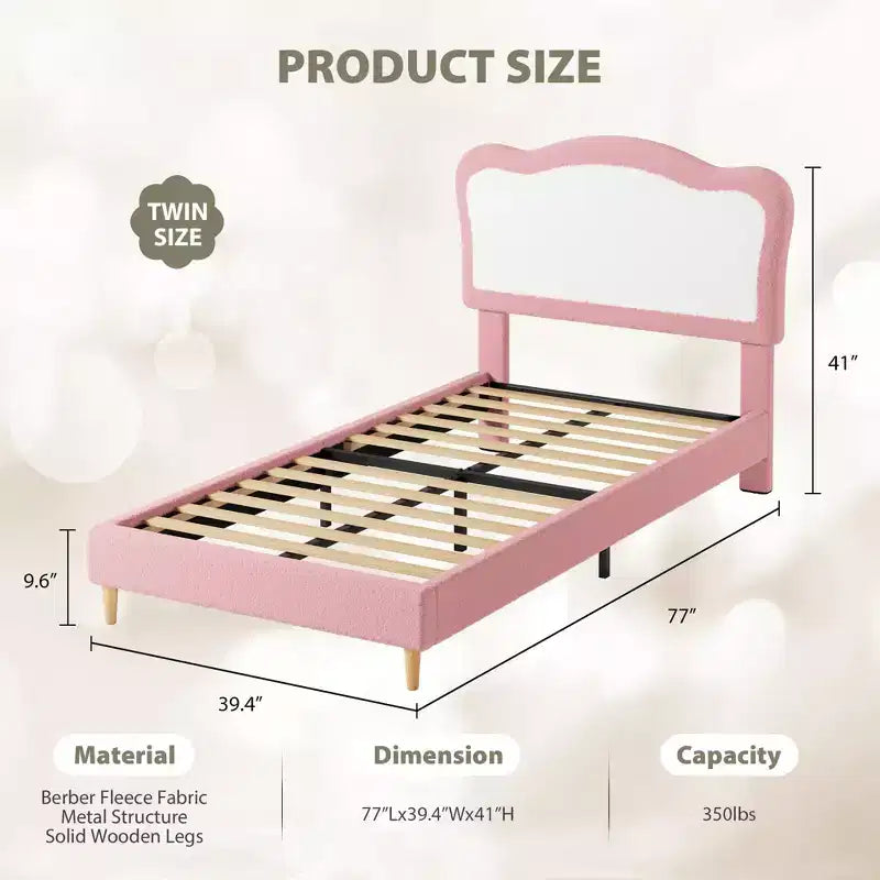 Upholstered Bed Frame for Kids with Scallop Headboard, Cute Velvet Twin Bed for Girls, Boys, Sturdy Platform Bed, No Box Spring Needed, Noise Free
