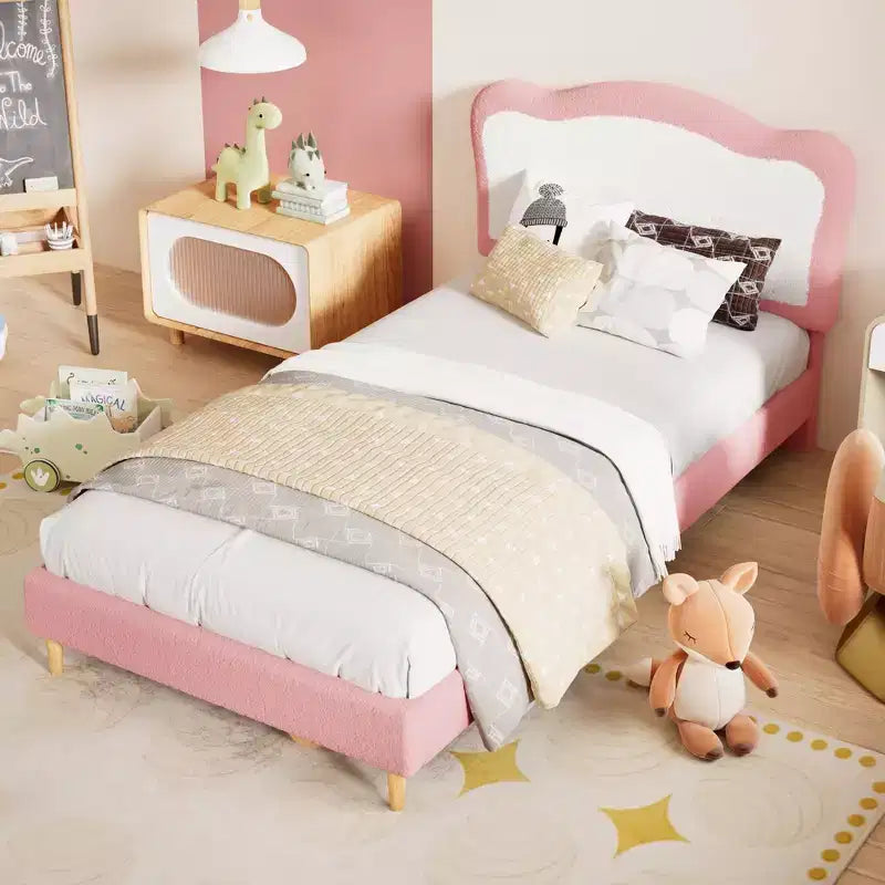 Upholstered Bed Frame for Kids with Scallop Headboard, Cute Velvet Twin Bed for Girls, Boys, Sturdy Platform Bed, No Box Spring Needed, Noise Free