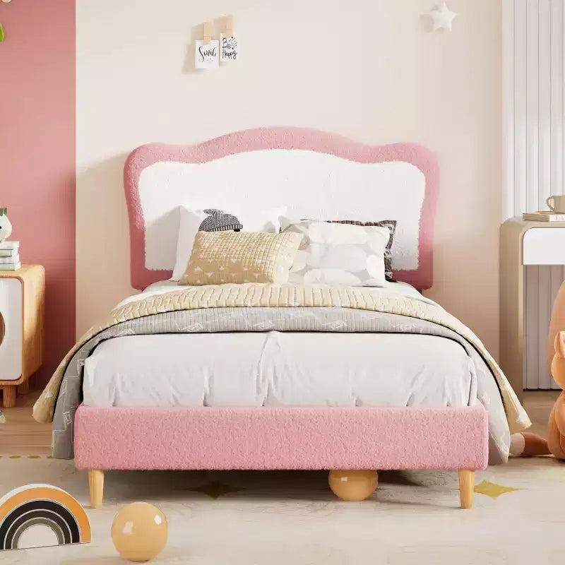 Upholstered Bed Frame for Kids with Scallop Headboard, Cute Velvet Twin Bed for Girls, Boys, Sturdy Platform Bed, No Box Spring Needed, Noise Free