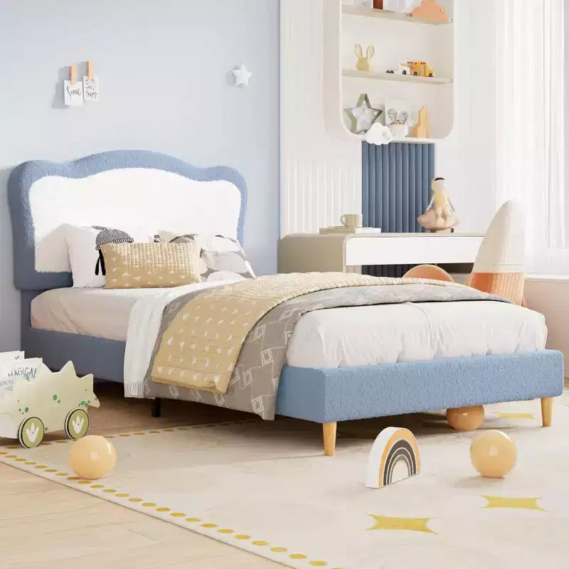 Upholstered Bed Frame for Kids with Scallop Headboard, Cute Velvet Twin Bed for Girls, Boys, Sturdy Platform Bed, No Box Spring Needed, Noise Free