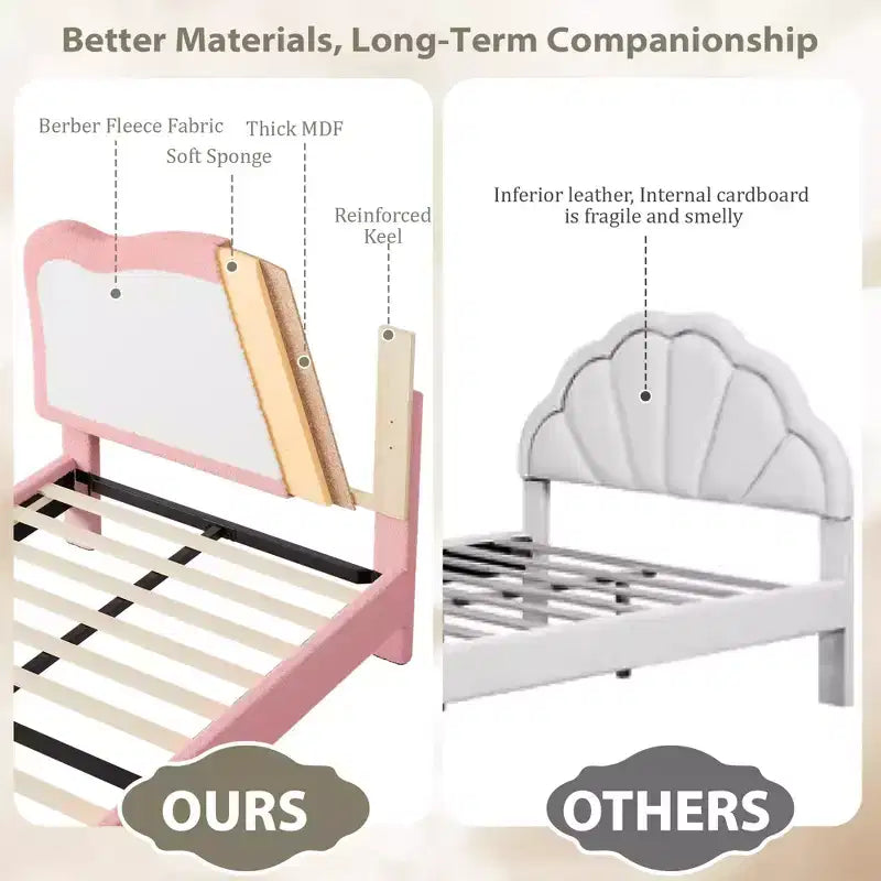 Upholstered Bed Frame for Kids with Scallop Headboard, Cute Velvet Twin Bed for Girls, Boys, Sturdy Platform Bed, No Box Spring Needed, Noise Free