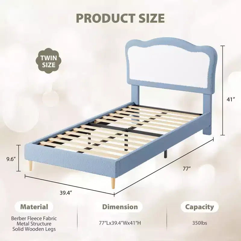 Upholstered Bed Frame for Kids with Scallop Headboard, Cute Velvet Twin Bed for Girls, Boys, Sturdy Platform Bed, No Box Spring Needed, Noise Free
