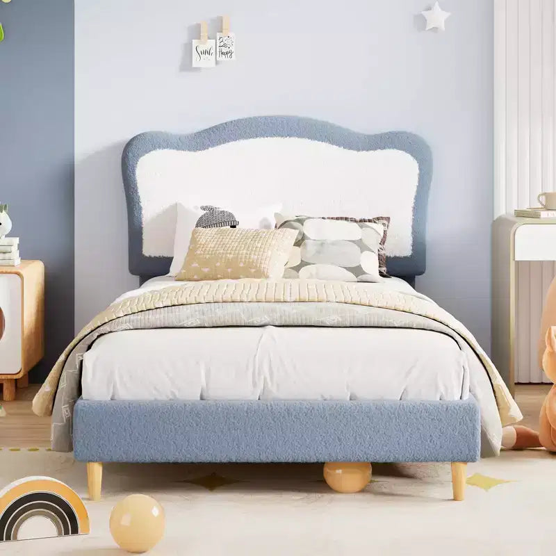Upholstered Bed Frame for Kids with Scallop Headboard, Cute Velvet Twin Bed for Girls, Boys, Sturdy Platform Bed, No Box Spring Needed, Noise Free