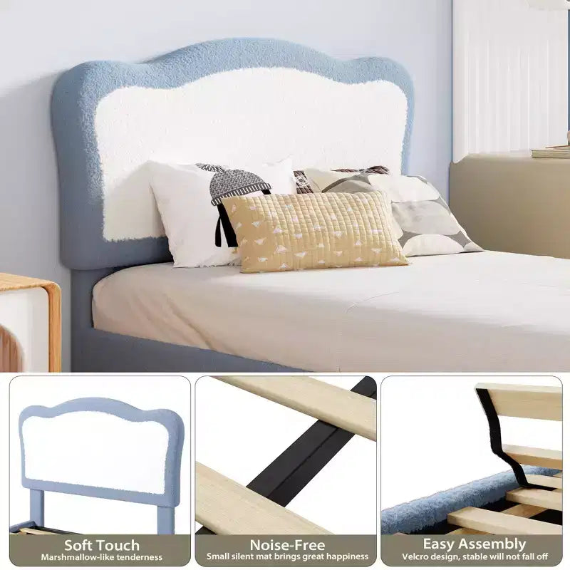 Upholstered Bed Frame for Kids with Scallop Headboard, Cute Velvet Twin Bed for Girls, Boys, Sturdy Platform Bed, No Box Spring Needed, Noise Free