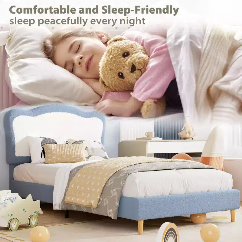 Upholstered Bed Frame for Kids with Scallop Headboard, Cute Velvet Twin Bed for Girls, Boys, Sturdy Platform Bed, No Box Spring Needed, Noise Free