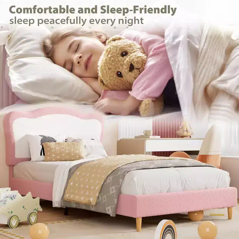 Upholstered Bed Frame for Kids with Scallop Headboard, Cute Velvet Twin Bed for Girls, Boys, Sturdy Platform Bed, No Box Spring Needed, Noise Free
