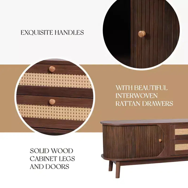 66.93 Inch Brown Rattan TV Stand Media Console for TVs up to 75 Inches with Solid Wood Legs for Living Room